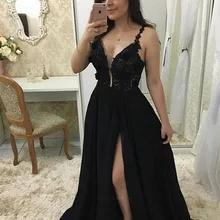 Черные сексуальные платья выпускного вечера Спагетти ремни удлиненное с аппликацией боковые разрезы Вечерние платья Длинные платья для выпускников