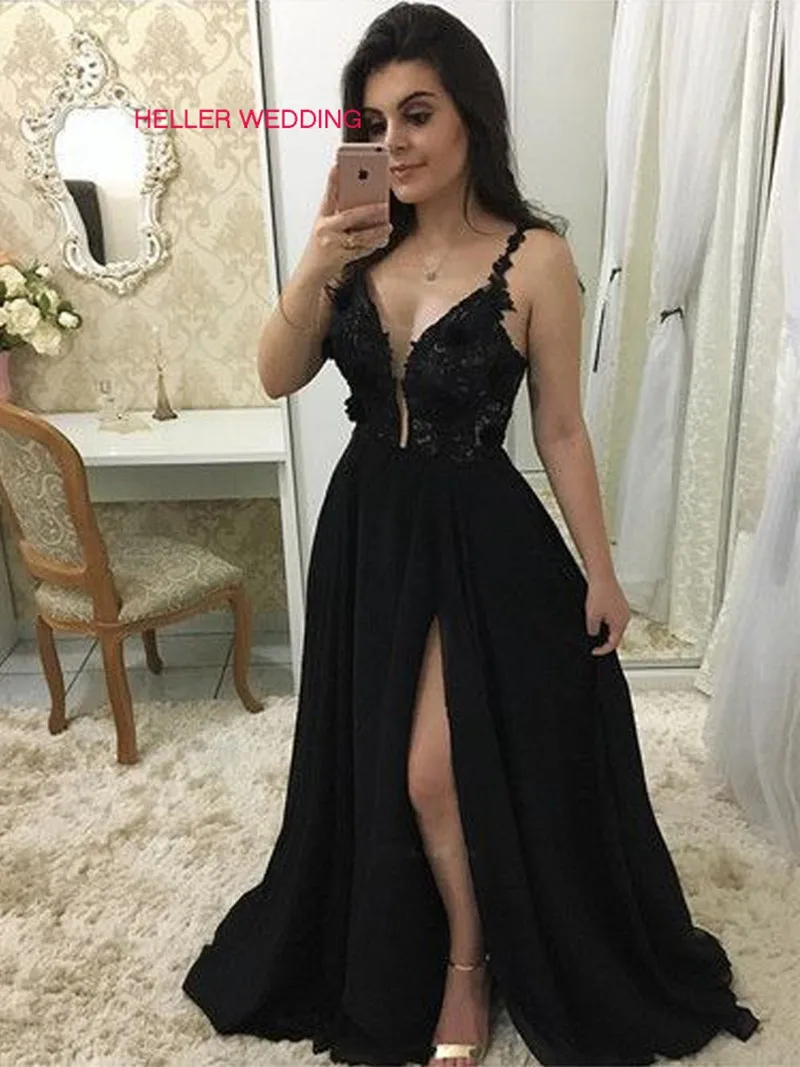 

Black Sexy Prom Dresses 2019 Spaghetti Straps Floor Length Appliqued Side Slit Evening Dresses Long Graduation Dresses