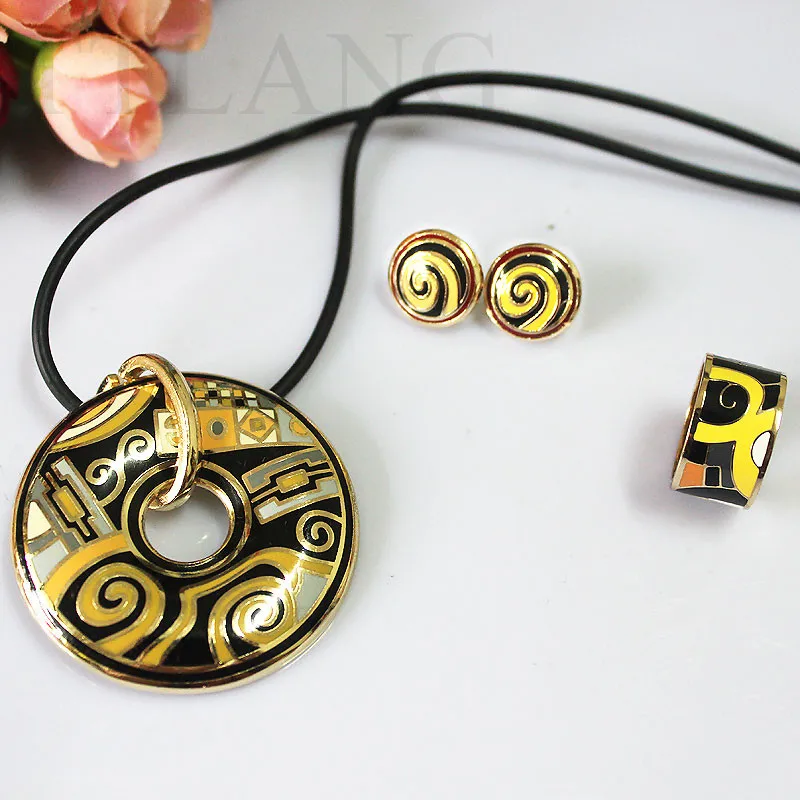 

Vintage Decorative Pattern Enamel Jewelry Set (Necklace, Earring, Ring), 1 set/pack