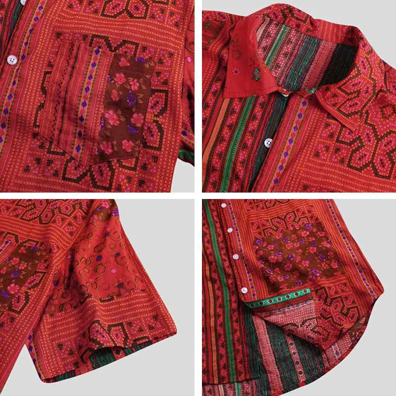 Мужские летние принты хип-хоп Уличная рубашка пуговицы повседневная с отворотом шеи Мода этнический стиль с коротким рукавом Индивидуальность Camisas