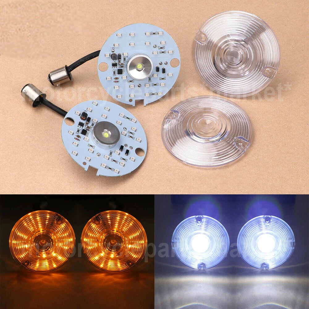 

1157 Amber White LED Turn Signal Inserts + Clear Lens For Harley Road King Electra Glide
