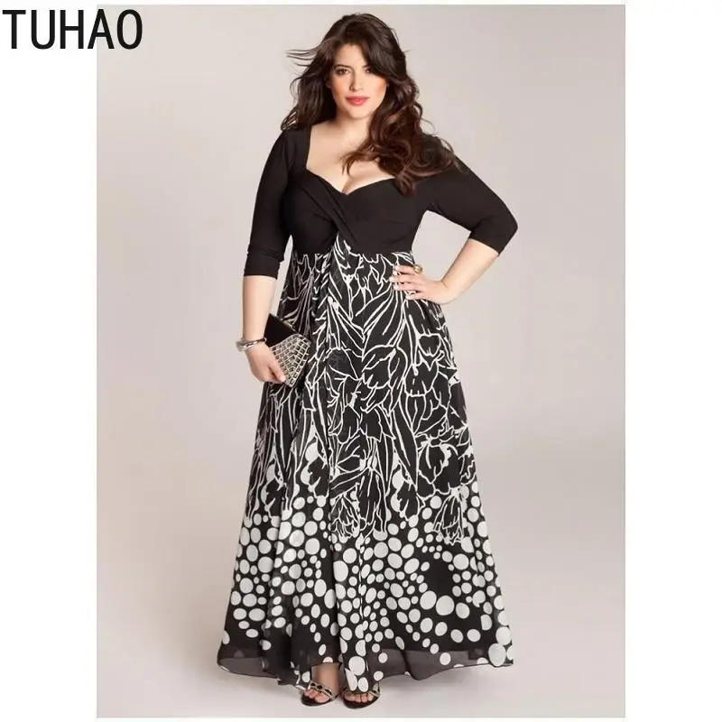 TUHAO осенние винтажные длинные женские платья размера плюс 5XL 4XL шифоновые черные сексуальные вечерние платья с высокой талией больших размеров XWX