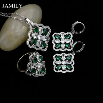 

Fashion Sterling Silver Jewelry Sets For Bridal Green And White Stone Earrings/Pendant/Ring/Necklace Set Fashion Jewellery