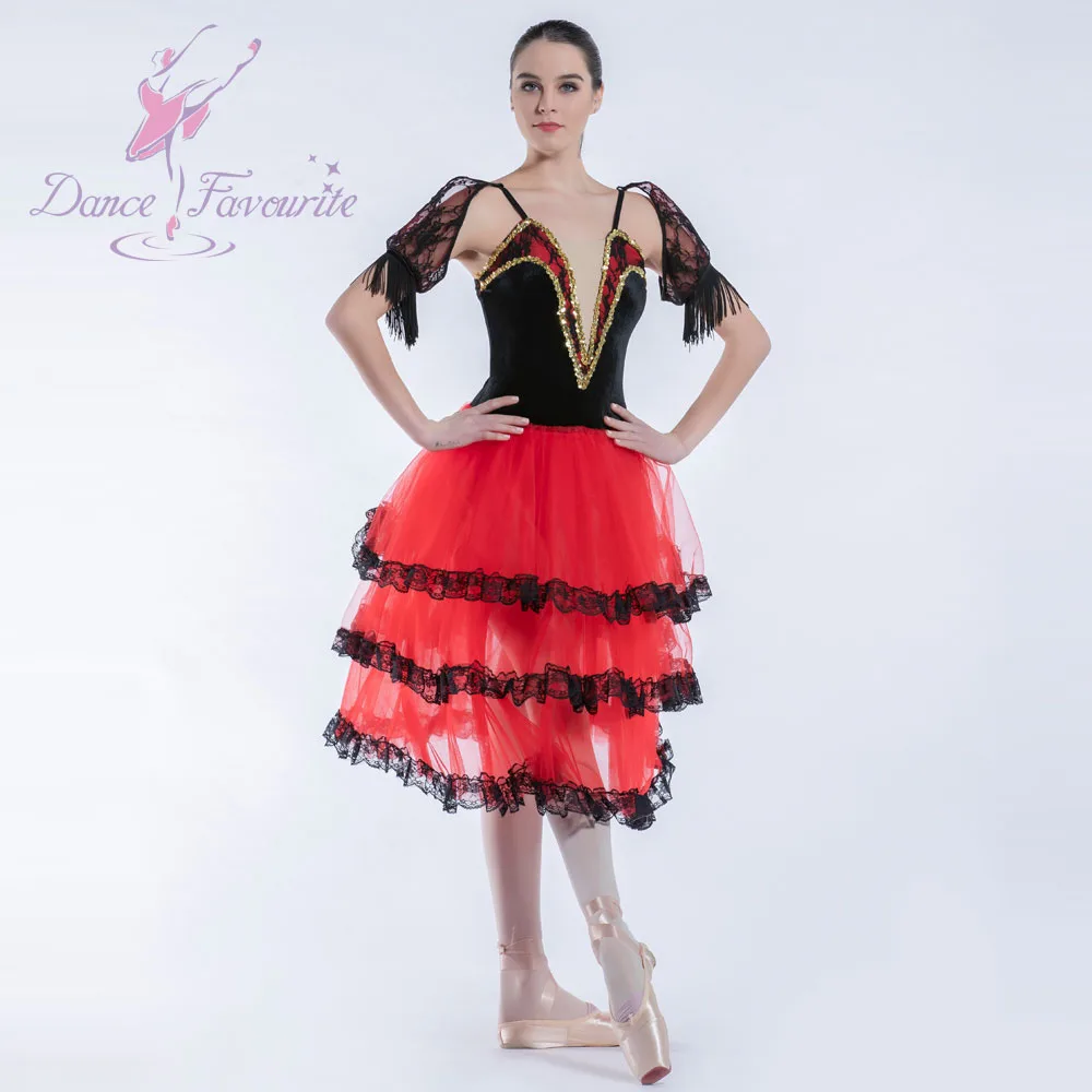 

19023 Dance Favourite New Ballet Tutu Black Velvet Bodice with Red Tulle Ballet Costume Women Spanish Tutu