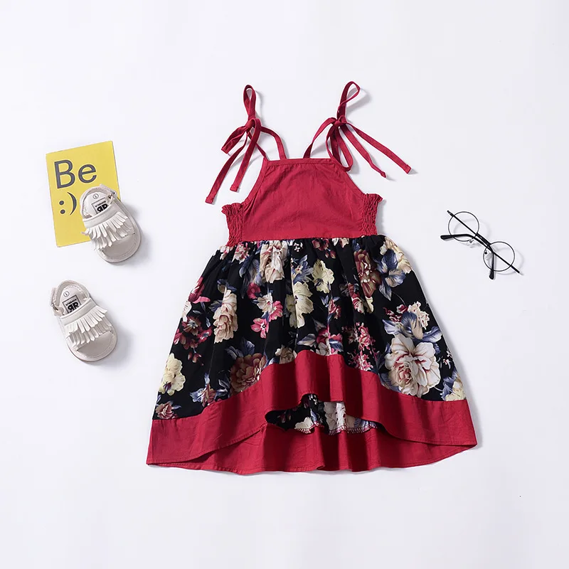 

1-5 years baby girl summer dress asymmetrical print floral belt sleeveless princess dress