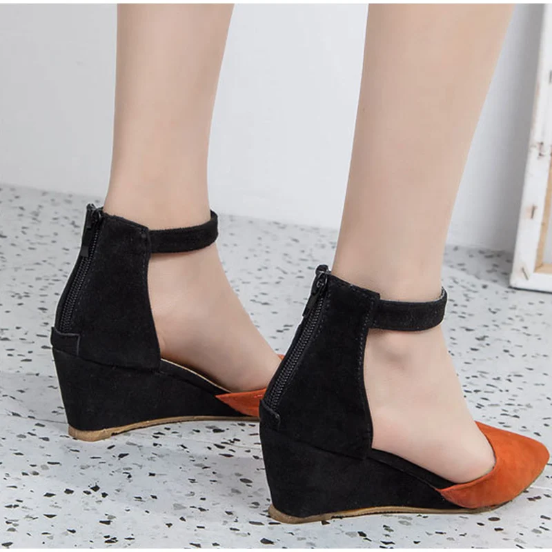 Women Wedge Ankle Strap Pumps Zipper Suede Leopard Pointed Toe Shallow Ladies Shoes Summer Plus Size Casual Sandals New Female