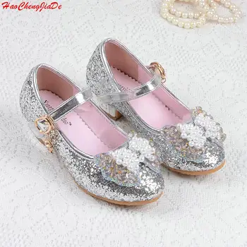 

Spring Summer Girl High Heels Crystal Princess Party Children Shoes Pearl Leatherette Footwear For Girl Sandal Pink Silver Blue