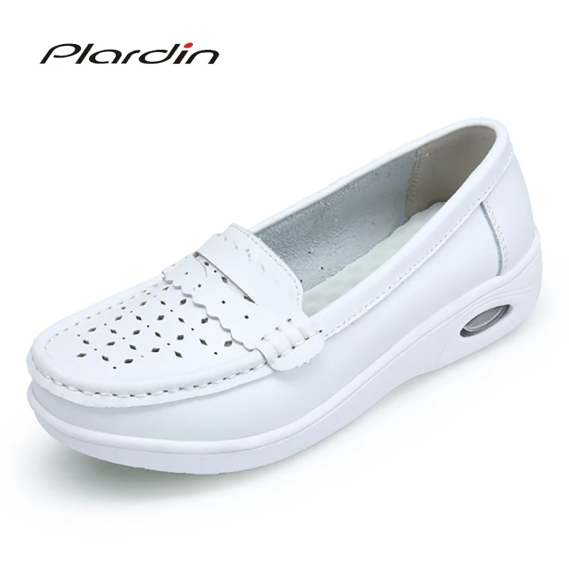 

Plardin Women Mary Janes Shoes Genuine Leather Round Toe Cutouts Non-slip Rubber Ballet Flats Career Nurse White Flat Shoes