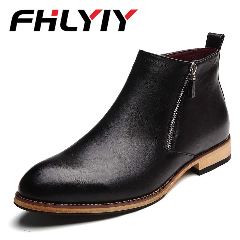 

Spring Autumn New Style Black Pointed Toe Comfortable Ankle Booties Leather Size Zipper Short Boots Outdoor Shoes Men 38-43