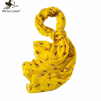 

Marte&Joven Fashion Swallow Bird Printed Yellow Scarf for Women Oversize Elegant Spring Autumn Long Shawl Pashmina Ladies Hijab