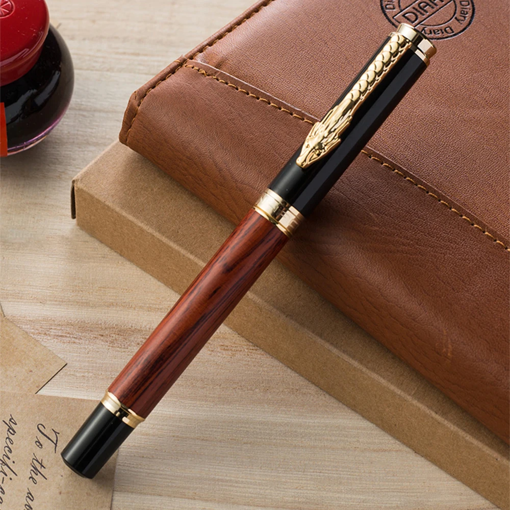 Ручка перьевая Jinhao 8802 деревянная с зажимом в виде Золотого Дракона|Перьевые