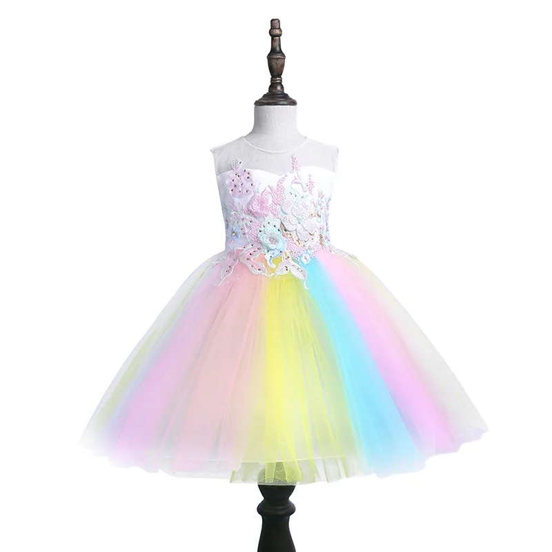 

Girls Rainbow Princess Tutu Mesh Dress Floral Embroider Colorful Robe Formal Vestidos Clothes Children Wedding Dresses for Party