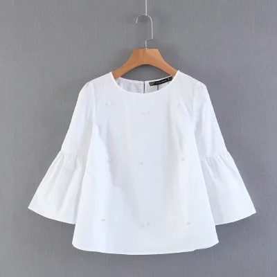 Летняя рубашка с бисером, топы для женщин, рукав-фонарик, круглый вырез, блузка, рубашка, топы, WDC2470 - Цвет: white