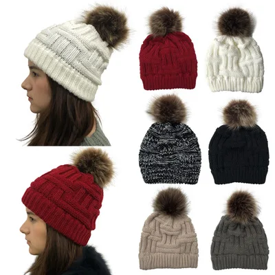 

2018 New Women Winter Warm hat Beanie Cute Faux Fur Pom Pom Ball knitted cap Skully outdoor female casual ski caps Girl 's Hat