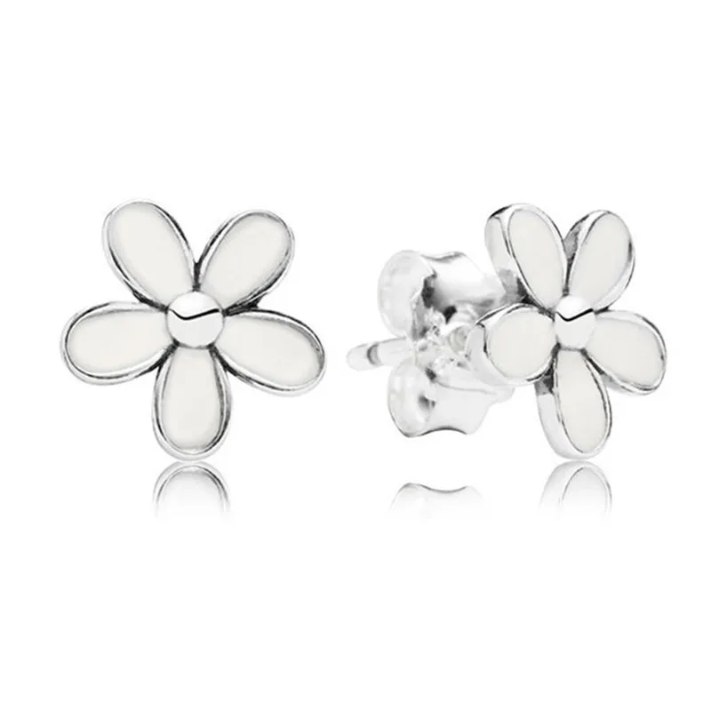 

Authentic 925 Sterling Silver Pans Earrings For Women Daisy White Enamel & Silver Stud Earrings Fine Europe Jewelry Lady Gift