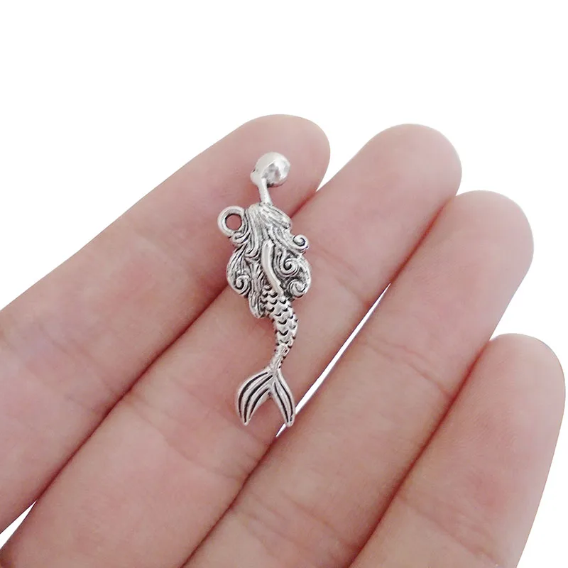 ZXZ 10pcs Antique Silver Tone Mermaid Crystal Charms Pendant Beads For Necklace Jewelry Making Findings 32x10mm