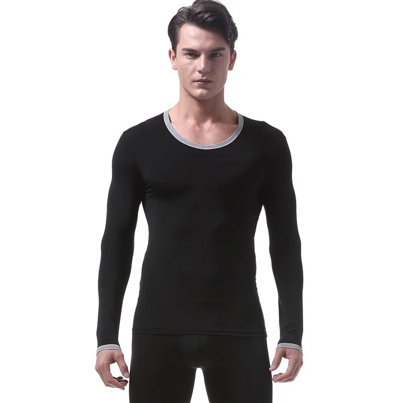 Ледяная шелковая зимняя термо-рубашка для мужчин s термо-нижнее белье с круглым вырезом и длинными рукавами, майка для мужчин, теплая одежда хорошего качества - Цвет: black shirt