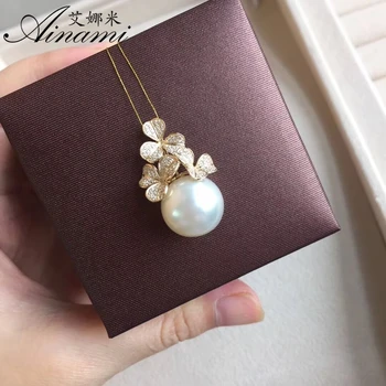 

[Ainami] nice 13.5-14mm big White Sea Pearl Pendant With 14k Yellow Gold Pendant Brand Jewelry christmas gifts Free shipping