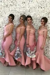 Розовый 2019 дешевые платья невесты платье Русалка v-образным вырезом с плеча Аппликации Кружева Длинные свадебные платья