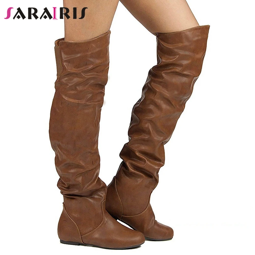 

SARAIRIS 2019 New INS Hot 34-48 slip-on Knee High Boots Women 2019 Autumn Mature Pleated Boots Casual Low Heels Shoes Woman