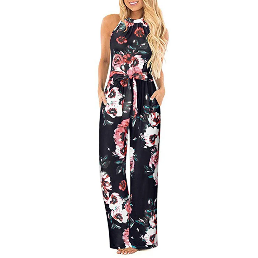 Rompers Womens Jumpsuit Plus Size Rompers Womens Jumpsuit Long Trousers Pants Women Halter Neck Loose Belted Pocket Jul - Цвет: BK