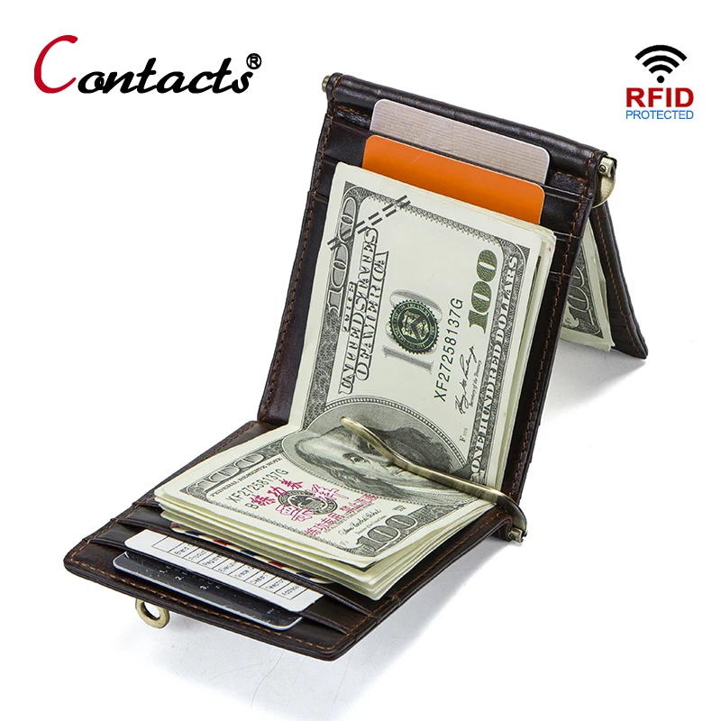 

CONTACT'S Crazy Horse cowhide leather RFID money clip wallet card wallet trifold male cash clamp man cash holder zip coin pocket