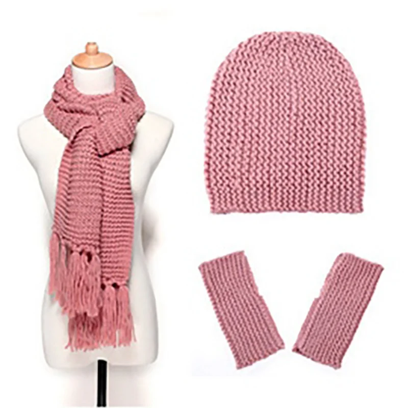 3 предмета комплекты зимнее вязаное Шапки для Для женщин; шапка, шарф, перчатки набор Мода Twist в полоску Кепки Gorros капот шерсть шапочка Skullies