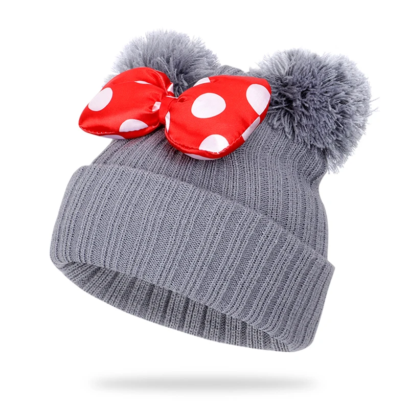 Детская вязаная шапка с бантом, мяч-клубок, Милая зимняя шапка для мальчиков и девочек, шапка с ушками, теплая уличная детская шапка в горошек - Цвет: Gray