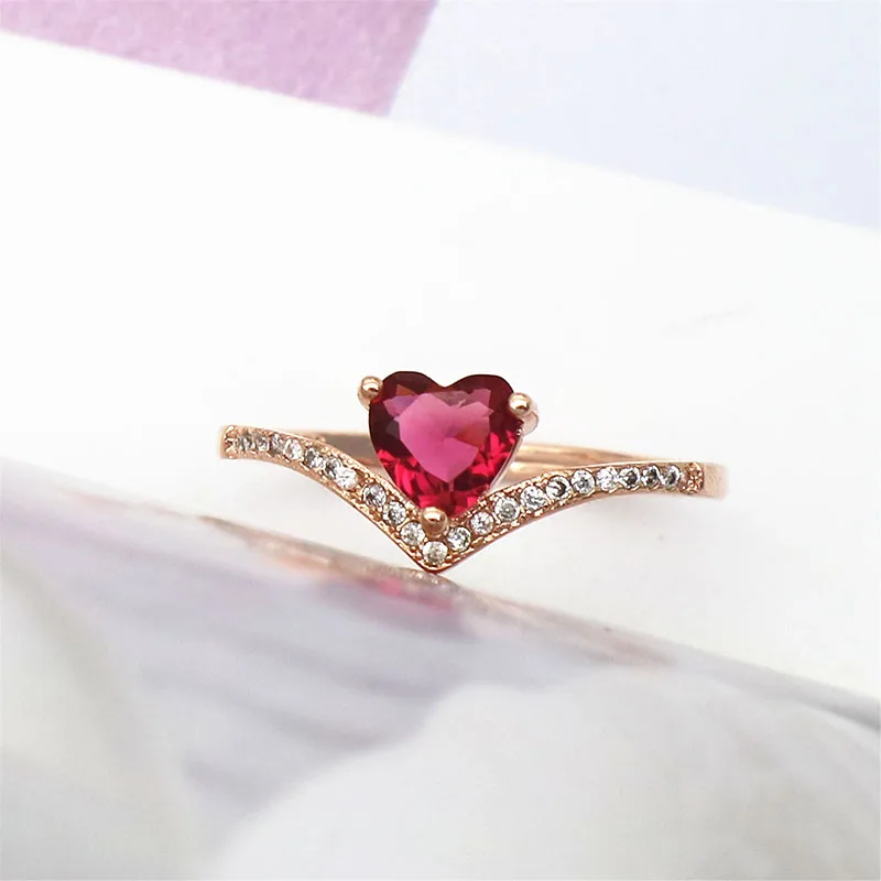 Простые волнистые кольца розового, золотистого цвета, микро ПАВЕ, Красный CZ камень, сердце, v-образная форма, кольцо на кончик пальца, модные ювелирные изделия для женщин, свадебные ювелирные изделия