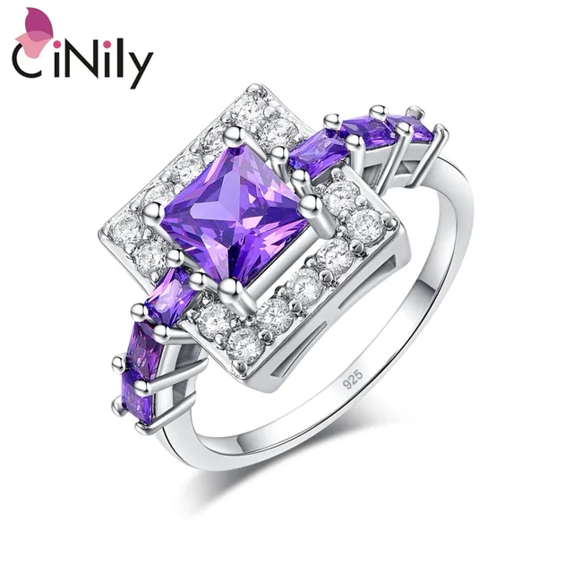 CiNily Luxury Full Crystal Stone Princess Ring Silver Plated Cut Zircon Purple V CiNily Luxury Full Crystal Stone Princess Ring Silver Plated Cut Zircon Purple V