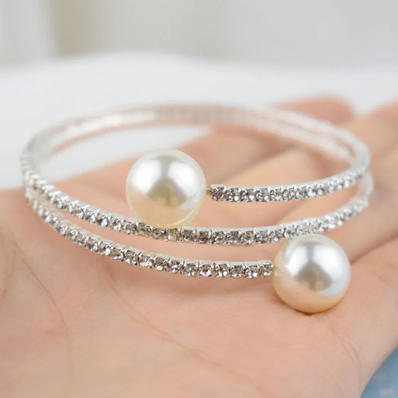 Bangle bracelet crystal bracelets Fashion Imitation Pearl Crystal Bracelet Ladies Gold Silver Plated 1/2 Row Rhinestone Cuff Bracelet for Gift