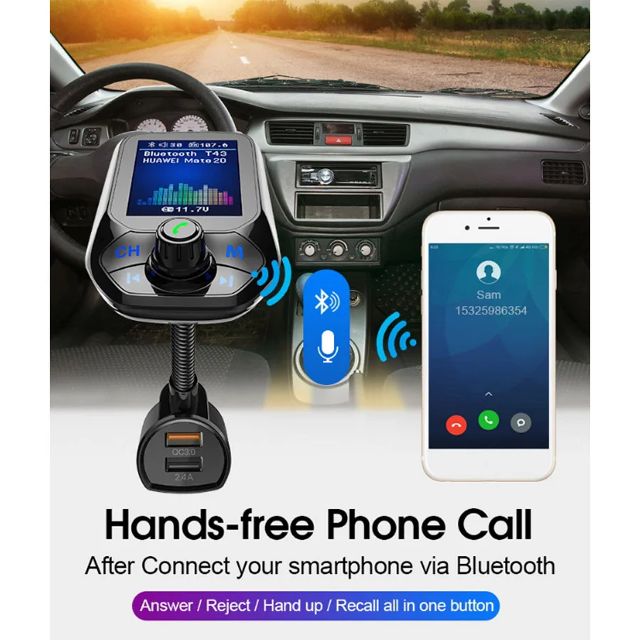  Bluetooth 5.0 FM Transmitter Car AUX USB MP3 Player Wireless Handsfree Car Kit With QC3.0 Quick Cha