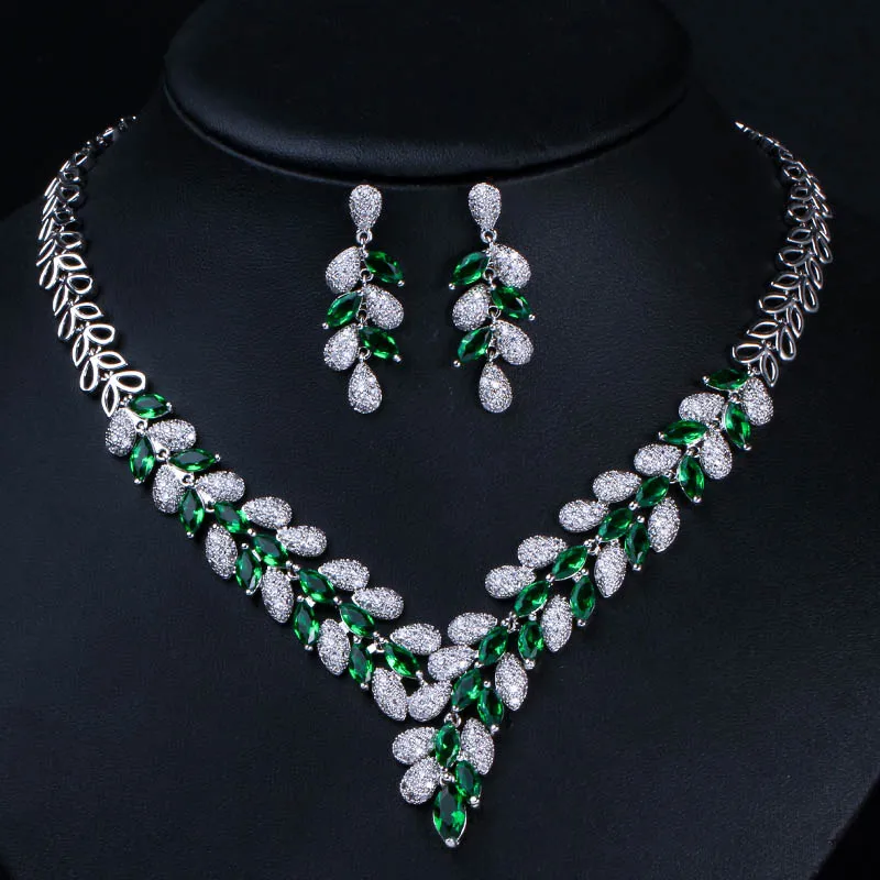 Threegraces Silver Color Nigerian Wedding Necklace Earring Jewelry Sets Luxury Green Zircon Crystal Jewelry Set for Women JS014 - Окраска металла: green