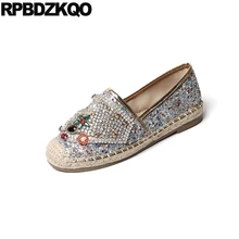 Ручной работы тканый эспадрильи дизайнер горный хрусталь плоские конопля лоферы женщин Осенняя весна Bling блестки одной обуви украшенные бусы Серебряный сверкание воздухопроницаемый весенняя осень красивая отправка