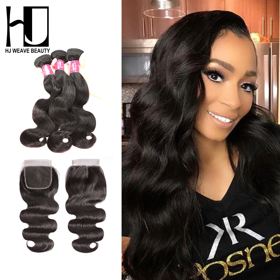 

HJ Weave Beauty Bundles With Closure Brazilian Hair Weave Bundles Body Wave 6A Remy Hair Extension Free Shipping