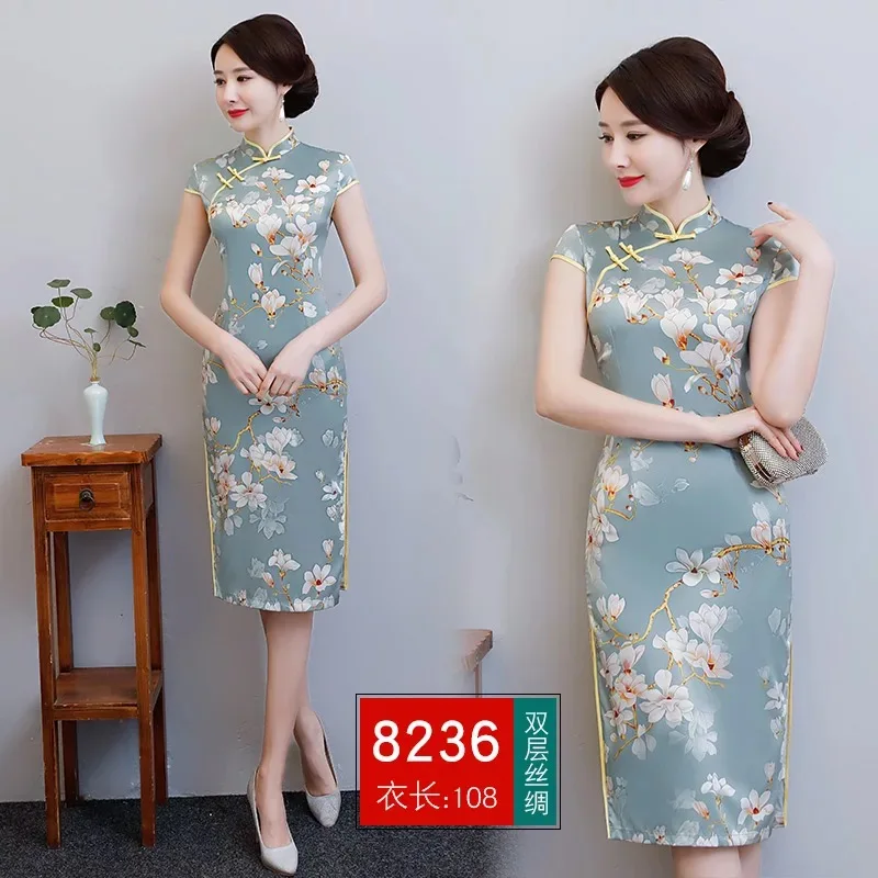 Новинка платье миди Cheongsam Qipao сезон: весна–лето платье Для женщин Элегантный принт женское платье модельные вечерние традиционное китайское платье Vestidos - Цвет: 8236