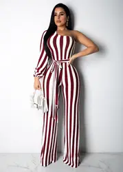 Модные женские туфли один рукав половина-Shoulder Striped полной длины Для женщин носить сексуальное печати Комбинезоны Женский костюм пляжного