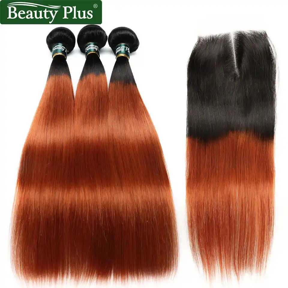 Ombre Human Hair 4 Bundles With Closure Brazilian Straight Hair