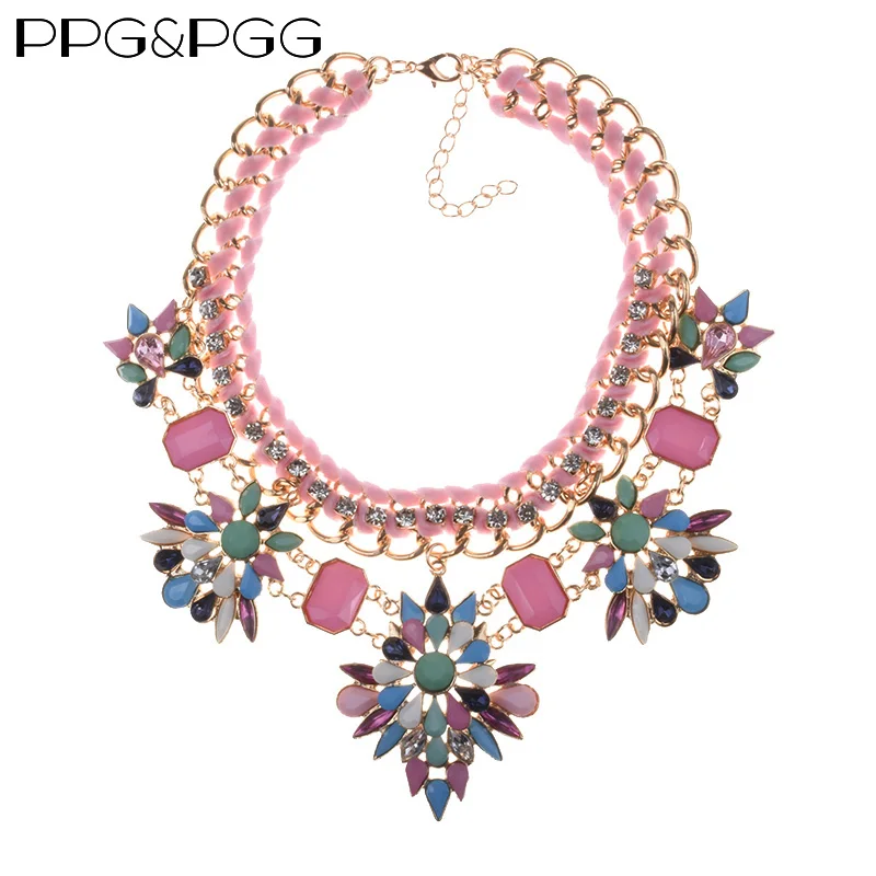 

PPG&PGG 2019 New Women Gorgeous Bijoux Rainbow Rhinestone Flower Pink Chain Crystal Choker Necklace Handmade Jewelry