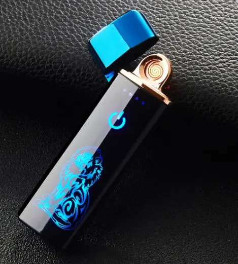 USB Зажигалка для сигарет для курения Электронная Turbo Tugsten изогнутая полноэкранная перезаряжаемая WilndProof гравировка имени - Цвет: blue lion
