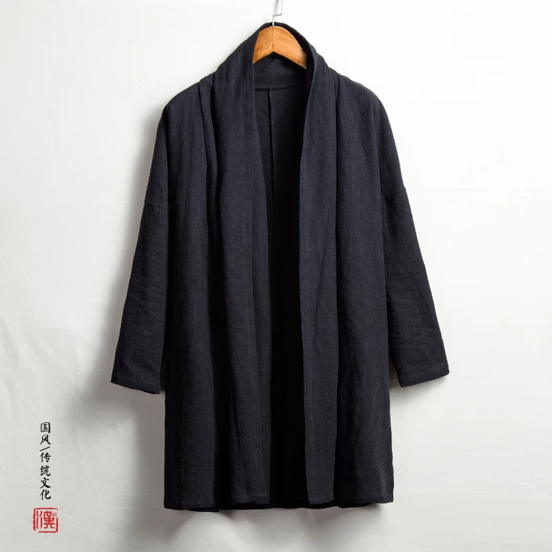 

Men High Qualiyt Cotton Linen Long Jacket China Style Kongfu Coat Male Loose Kimono Cardigan Overcoat