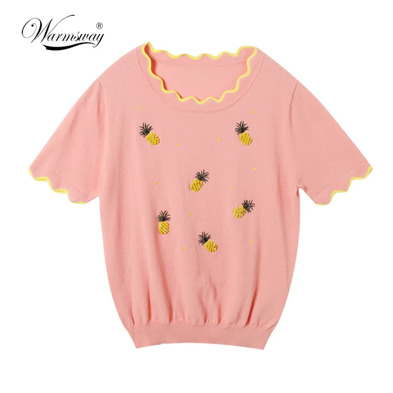 Warmsway  Embroidery Women Tops Pineapple Beading knitwear and Blouses Round Neck Short Sleeve Kawaii  Blouse B-194