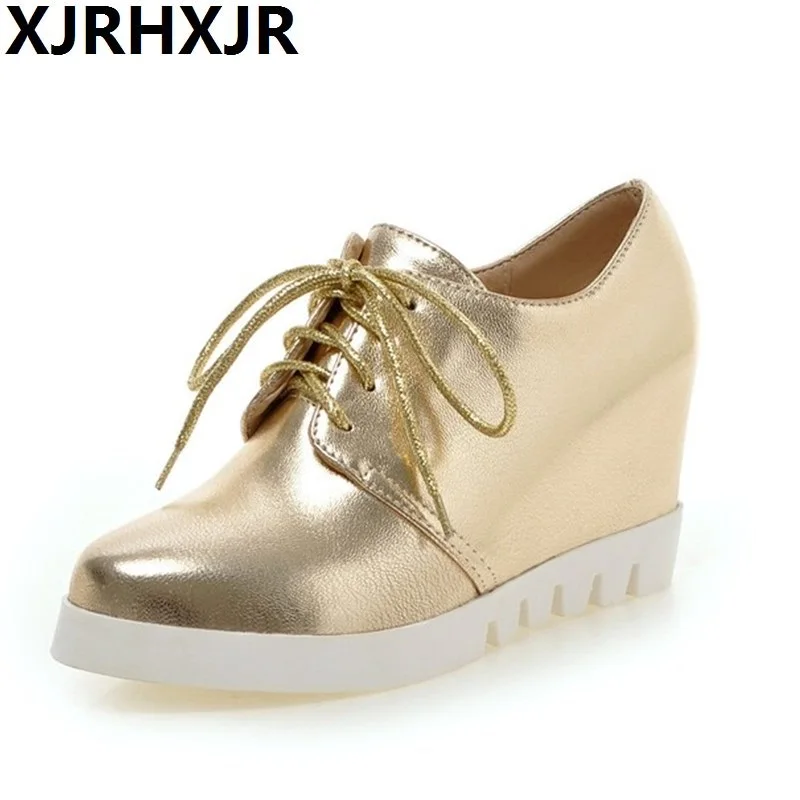 

Golden Sliver Color Height Increasing Shoes for Woman Fashion Pointed Toe Lace Up Casual Shoes Women Platforms Wedges Size 34-43