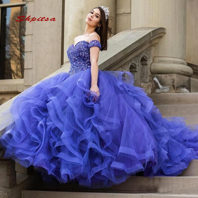 

Blue Quinceanera Dresses Ball Gown Luxury Crystals Sequin Tulle Prom Debutante Sixteen Sweet 16 Dress vestidos de 15 anos