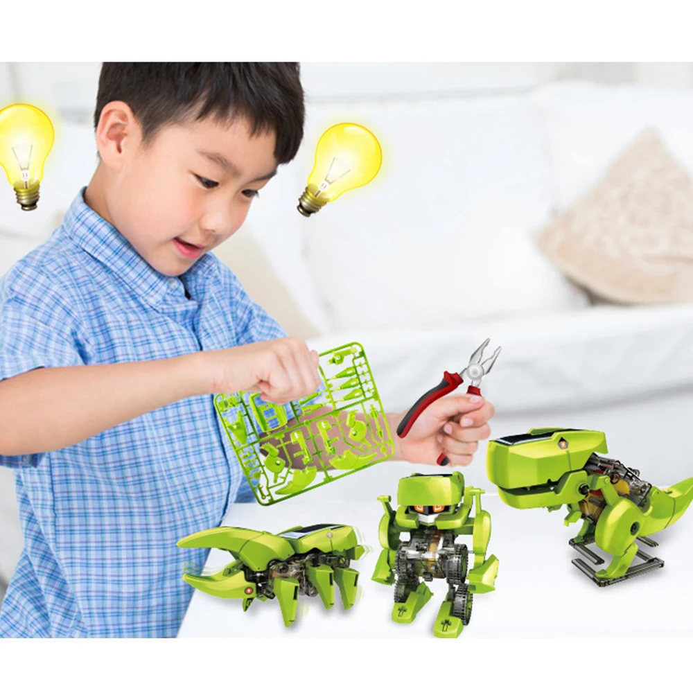 

4 in 1 Funny Transformation Using Solar Energy Robot/Dinosaur/Drill/Insert DIY Assembled Toy PUZ for Children Kids Educational P