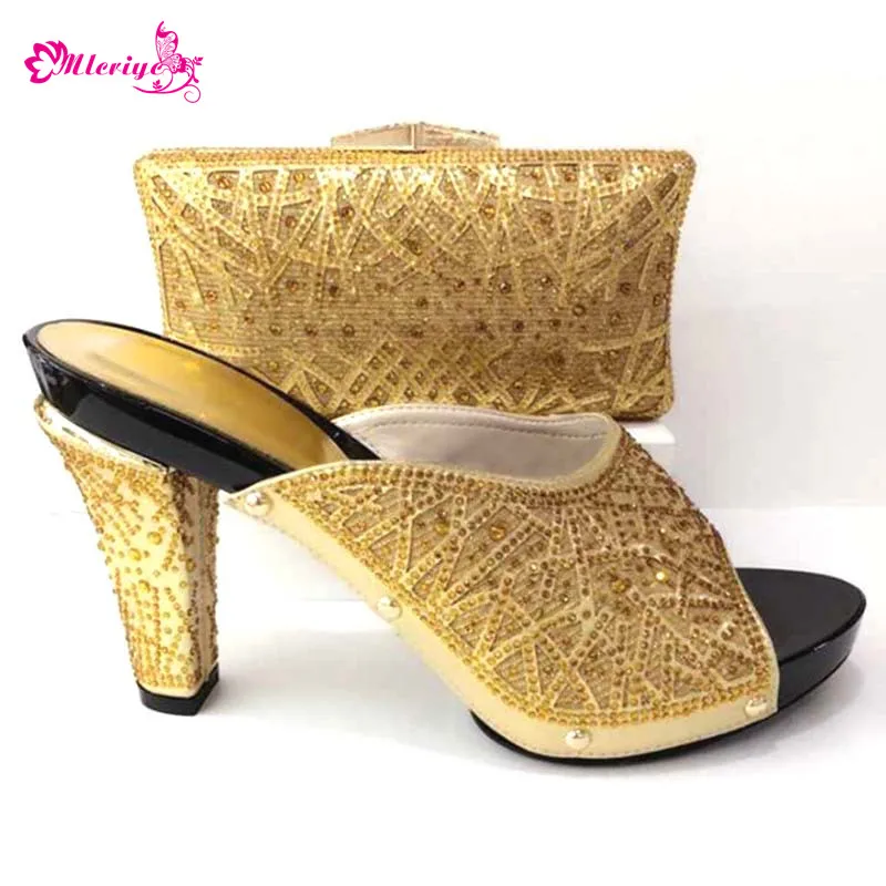 

Latest Gold Color Matching Shoes and Bag Set In Heels Ladies Italian Shoes and Bag Set Decorated with Rhinestone Party Shoes Bag