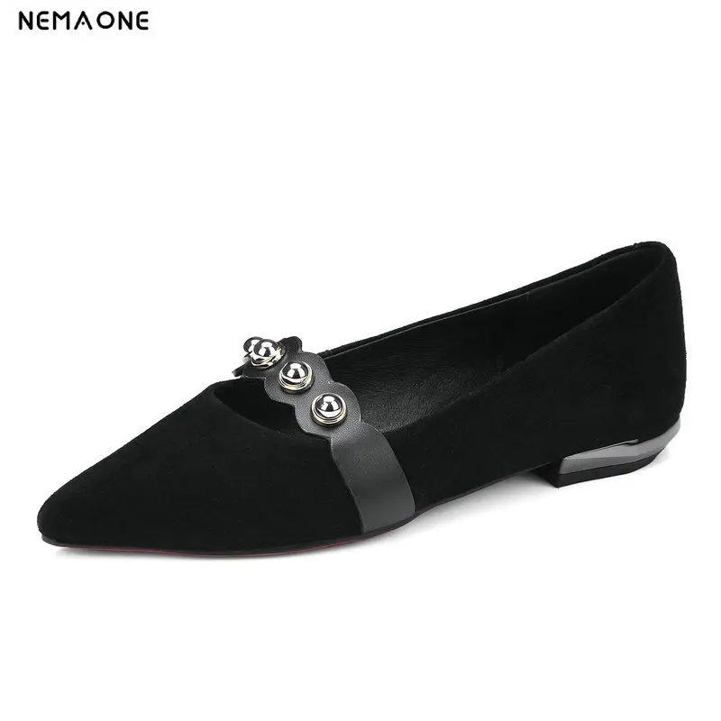 

NEMAONE 2019 genuine leather streetwear slip on pointed toe low heel rivets buckle luxury pumps for women oxford shoes