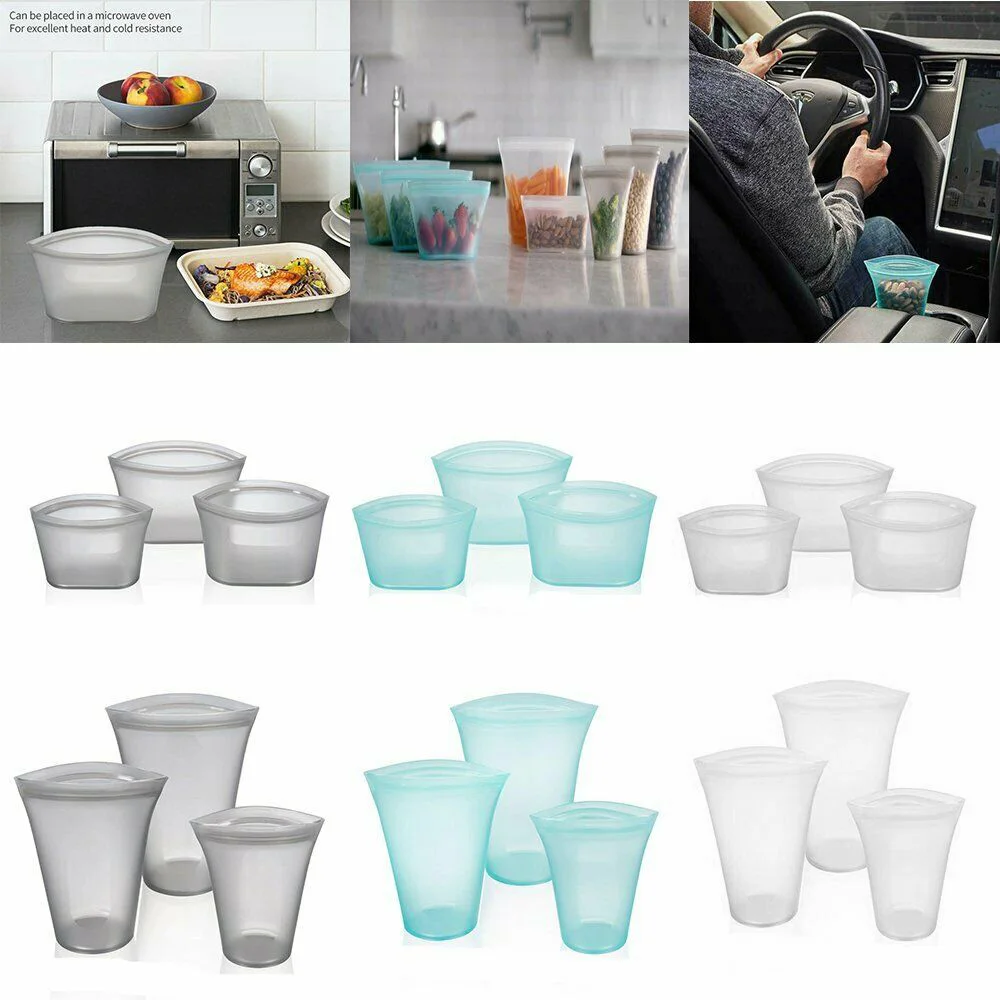 

Reusable Silicone Bowl Food Grade Storage Bags Zip Leak-Proof Containers Stand Up Bag Salad Soup Rice Mixing Bowl