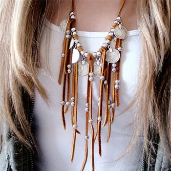 

Bohemian Style Faux Suede Coin Pendant Necklace For Women Long Leather Tassel Necklace Ethnic Jewelry For Women