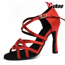 Evkoodance с zapatos де Бейл девушка атласная Тан черный красный фиолетовый 7,3 см 10 см 8 см Латинской бальные Сальса танец обувь для дамы Evkoo-068